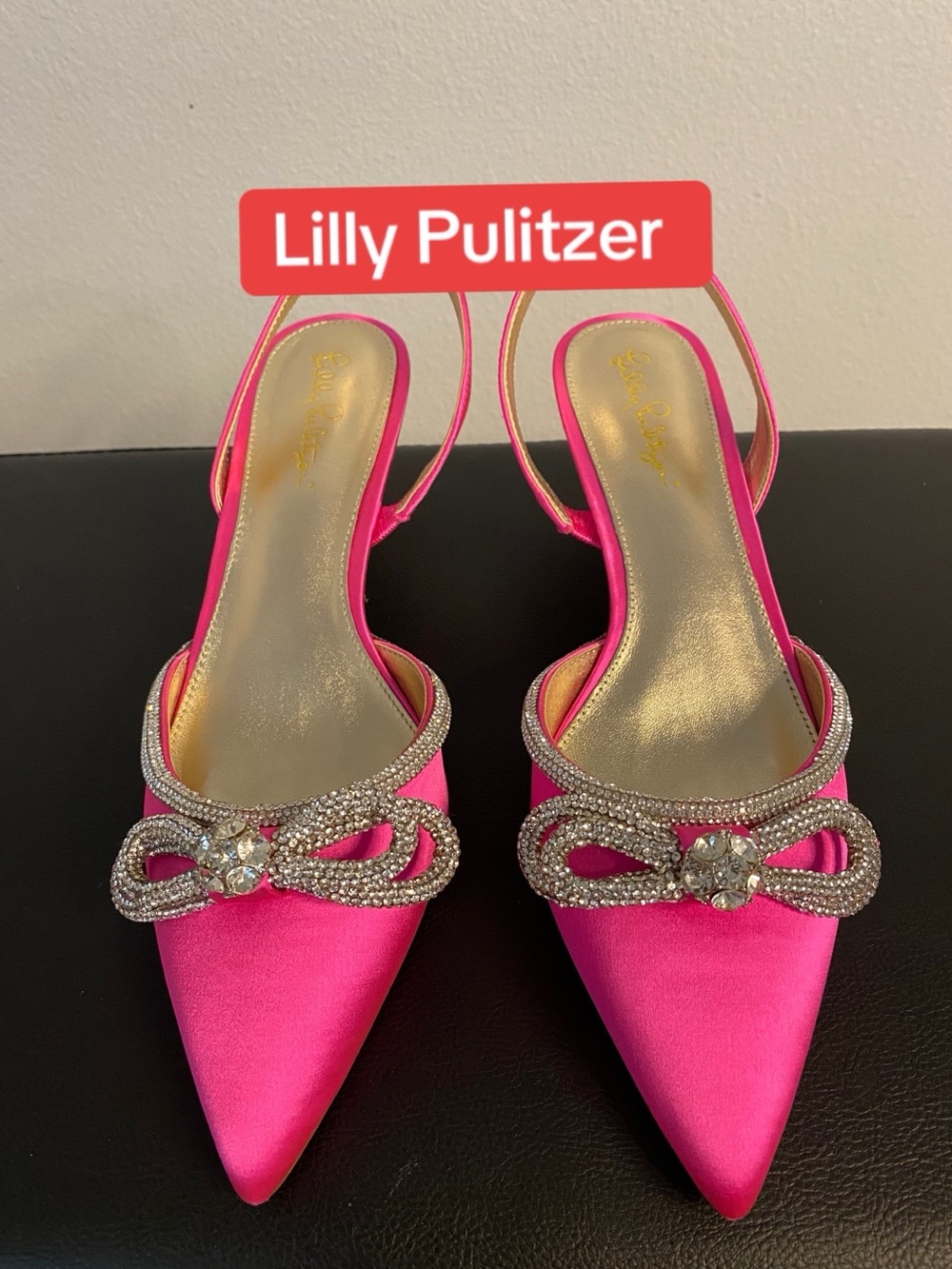 Lilly Pulitzer Hot Pink Satin Rhinestone Bow Slingback kitten Heels